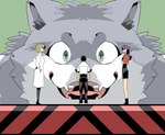 biped bottomwear clothing fur green_eyes grey_body grey_fur group humor kemono macro pants parody shirt teeth tongue topwear sigenoya takotyutyu neon_genesis_evangelion misato_katsuragi shinji_ikari canid canine human mammal 2021 hi_res