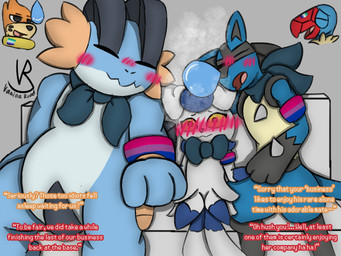 anthro armband armband_only blush blushing_profusely bodily_fluids bow_ribbon clothing drooling female female/female group heat_(temperature) lgbt_pride male male/female mostly_nude nose_bubble overheated pride pride_color_clothing pride_colors saliva scarf scarf_only sitting sleeping sleeping_together text trio vanilla_road lgbt_pride_month nintendo pokemon pokemon_mystery_dungeon spike_chunsoft aerial_explorer_archen belle_(vanilla_road) finn_(vanilla_road) jesse_(vanilla_road) marine_explorer_buizel amphibian archen buizel canid canine canis felid feline felis fossil_pokemon generation_3_pokemon generation_4_pokemon generation_5_pokemon generation_6_pokemon jackal lucario mammal meowstic meowstic_(female) mustelid otter pokemon_(species) swampert hi_res