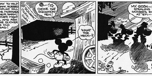 anthro bottomwear building clothed clothing dialogue footwear gloves group handwear male motion_lines night onomatopoeia open_mouth outside shoes silhouette sound_effects tail text walking floyd_gottfredson hardie_gramatky disney public_domain mickey_mouse mammal mouse murid murine rodent 1930 20th_century absurd_res ancient_art black_and_white dated english_text hi_res long_image monochrome signature wide_image