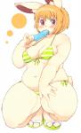 anthro belly bikini breasts cleavage clothed clothing crouching female food looking_at_viewer open_mouth overweight overweight_anthro overweight_female popsicle sea_salt_ice_cream simple_background skimpy slightly_chubby solo swimwear thick_thighs tongue tongue_out two-piece_swimsuit white_background akitaka lagomorph leporid mammal rabbit hi_res