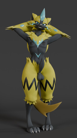 black_body blue_eyes claws fur genitals hands_behind_head male nipples nude penis smile solo tail tail_between_legs yellow_body yellow_fur pogusername warfaremachine_(modeler) nintendo pokemon generation_7_pokemon legendary_pokemon pokemon_(species) zeraora 3d_(artwork) 9:16 absurd_res digital_media_(artwork) hi_res