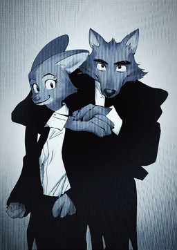 4_fingers anthro arms_around_neck arms_around_partner barbell_piercing black_bottomwear black_clothing black_pants black_suit_jacket black_tie_(suit) bottomwear boyfriend/girlfriend canon_couple clothing duo eyebrow_piercing facial_piercing female fingers lcd lcd_monitor male male/female pants photo_shoot piercing secret_agents smile smiling_at_viewer standing suit white_collared_shirt desu36721406 dreamworks the_bad_guys diane_foxington mr._wolf_(the_bad_guys) canid canine canis fox mammal north_american_gray_wolf red_fox true_fox wolf hi_res monochrome