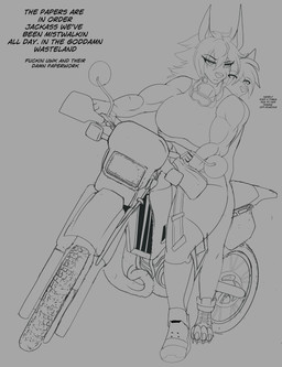 anthro big_breasts breasts clothing dialogue duo female footwear motorcycle muscular muscular_anthro muscular_female shoes simple_background text vehicle sly_shadex alexa_(sly_shadex) jay_(sly_shadex) canid canine canis jackal mammal english_text hi_res sketch