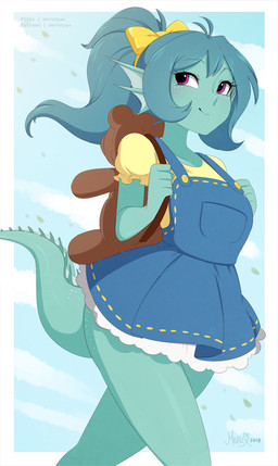 accessory backpack_strap biped blue_body blue_hair blue_skin bow_ribbon clothed clothing dress fin hair hair_accessory hair_bow hair_ribbon head_fin looking_back plushie ponytail ribbons skirtalls sky smile solo split_form tail teddy_bear walking merunyaa marine merfolk 2018 hi_res