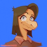 anthro blue_background brown_body brown_hair brown_scales clothing collared_shirt eyelashes female grey_eyes hair looking_at_viewer scales shirt short_hair simple_background smile snout solo text topwear espectro111222 blind_date_(iwhtg_mod) cavemanon_studios i_wani_hug_that_gator bianca_(bybuckett) dinosaur prehistoric_species reptile scalie 1:1 2025 artist_name digital_drawing_(artwork) digital_media_(artwork) headshot_portrait hi_res portrait watermark