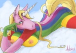 anthro anthrofied big_breasts blonde_hair blue_eyes breasts female hair horn mature_anthro mature_female nipples nude rainbow solo tail mistressadaira adventure_time cartoon_network mythology lady_rainicorn equid equine mammal mythological_creature mythological_equine rainicorn unicorn absurd_res hi_res