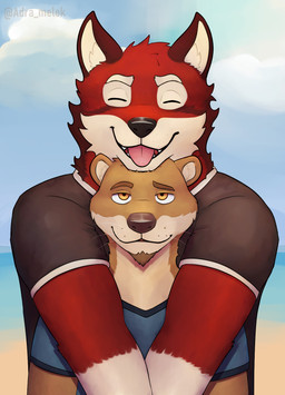 anthro anthro_on_anthro big_muscles black_nose bottomwear brown_body brown_eyes brown_fur brown_nose clothed clothing cloud day detailed_background duo earbuds electronics eyebrows facial_hair fence fur goatee headphones hug male male/male multicolored_body multicolored_fur muscular muscular_anthro muscular_male narrowed_eyes outside pants red_body red_fur romantic romantic_couple shirt side_view size_difference sky smile standing tan_body tan_fur tongue tongue_out topwear tuft two_tone_body two_tone_fur whisker_spots whiskers white_body white_fur adra_(artist) echo_(game) echo_(series) echo_project chase_hunter leo_alvarez asian_small-clawed_otter canid canine canis mammal mustelid otter red_wolf wolf 2025 hi_res signature warm_colors