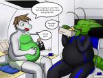 anthro bodysuit brown_hair can clothing container dialogue duo green_body green_skin hair male obese overweight skinsuit tail text tight_clothing trash wrapper wrapping nx-42 mythology twinkie trokkemlan alien dragon martian mythological_creature mythological_scalie scalie english_text