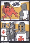 abs anthro armor butt cross dialogue eye_scar facial_scar female fluffy fur genitals grey_body grey_fur group horn knight male melee_weapon muscular muscular_anthro muscular_female nipples nude question_mark red_body scar sharp_teeth standing sword teeth templar text vulva warrior weapon the_man canid canine canis demon demon_humanoid humanoid mammal wolf 2025 absurd_res comic english_text hi_res