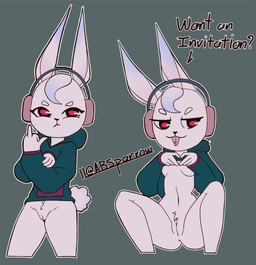 anthro black_nose bottomless breasts clothed clothing cotton_tail dialogue electronics eyelashes female fur genitals gesture green_clothing green_hoodie green_topwear grey_background hand_gesture head_tuft headphones hoodie looking_at_viewer middle_finger piercing raised_clothing raised_topwear red_eyes simple_background small_breasts solo spread_legs spreading text thick_thighs tongue tongue_out tongue_piercing topwear tuft vulva white_body white_fur wide_hips bluesparrow lagomorph leporid mammal rabbit hi_res