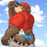 anthro blush bodily_fluids bottomwear brown_body brown_fur butt clothing fur hat headgear headwear humanoid_hands kemono male outside overweight overweight_anthro overweight_male pants solo sweat underwear raichoclub bear mammal 1:1 2020