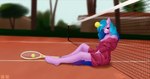 anthro ball clothed clothing female horn looking_at_viewer net open_clothing open_shirt open_topwear plant shirt smile solo tennis_ball tennis_ball_on_horn tennis_court tennis_net tennis_racket topwear tree unbuttoned unguligrade_anthro alicorn-without-horn hasbro mlp_g5 my_little_pony mythology izzy_moonbow_(mlp) equid equine mammal mythological_creature mythological_equine unicorn absurd_res hi_res