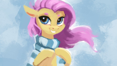 blue_background clothing eyebrows female hair looking_at_viewer mostly_nude pattern_clothing pattern_scarf pink_hair scarf simple_background smile solo striped_clothing striped_scarf stripes teal_eyes teeth paperdrop friendship_is_magic hasbro my_little_pony fluttershy_(mlp) equid equine horse mammal pony 16:9 2018 bust_portrait hi_res portrait wallpaper widescreen