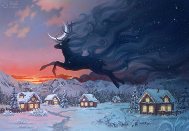 ambiguous_gender chimney cloud detailed_background evening fence feral flying fur grass horn mountain night outside plant river shrub smoke_from_chimney snow solo star starry_body tail tree tree_house shade_of_stars deer mammal spirit 2025 hi_res