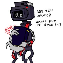 after_sex anthro arm_grab big_penis black_body dialogue dripping dripping_wet duo female female/female genitals holding_partner machine overwhelmed penis penis_tentacles screen screen_face speech_bubble tentacles objectfucker cammy_(objectfucker) truthholder animate_inanimate living_book robot