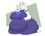 anthro belly big_belly big_breasts big_butt blush breasts butt clothed clothing dress female floppy_ears fur hand_on_face holding_belly horn huge_breasts huge_butt huge_hips kneeling looking_at_self looking_down mature_anthro mature_female nervous obese obese_anthro obese_female overweight overweight_anthro overweight_female simple_background solo tight_clothing tight_dress tight_robe white_body white_fur wide_hips worried boxmingle undertale undertale_(series) toriel boss_monster_(undertale) bovid caprine mammal signature