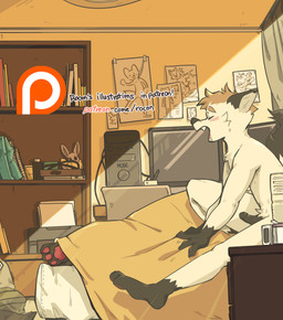 anthro bed blush bodily_fluids computer drooling duo electronics erection feet furniture genitals hair male morning_wood navel nude patreon_logo penis saliva rocon51 patreon canid canine mammal archived_source hi_res