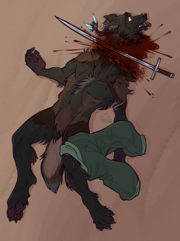 anthro blood blood_puddle bodily_fluids clothing corpse death decapitation featureless_crotch feet fingers fur gore hair lying male male_death melee_weapon nude on_back open_mouth pawpads severed_body_part severed_head simple_background solo sword tail teeth toes tongue tongue_out weapon porcumoose_artistries canid canine canis mammal wolf digital_media_(artwork) hi_res