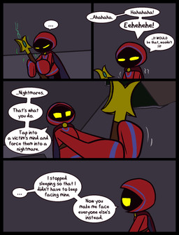 black_body blue_clothing blue_hood blue_robe cape clothing dialogue ellipsis holding_scepter laugh long_sleeves magic male motion_lines no_pupils not_furry red_cape red_clothing red_hood red_robe robe scepter solo speech_bubble text yellow_eyes ultilix leo_the_magician humanoid shadow_creature 2026 comic english_text hi_res