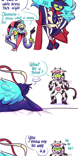 3_panel_comic anthro bait_and_switch bed blue_body blue_feathers bodily_fluids clothed clothed_male clothing cow_costume crying cybernetic_arm cybernetic_limb cybernetics dialogue duo ellipsis empty_eyes feather_hair feathers fool's_hat furniture gesture green_sclera hand_gesture hat headgear headwear heart_symbol high_heeled_feet jester_outfit looking_at_another lying machine male nude on_bed on_side open_mouth open_smile pointing pointing_at_another pseudo_hair rear_view red_eyes roleplay sharp_teeth simple_background smile spade_tail tail tears tears_of_joy teats teeth text top_hat udders white_background white_face norithelord hellaverse helluva_boss asmodeus_(helluva_boss) fizzarolli_(helluva_boss) avian_demon bovid bovine cattle cyborg demon holstein_friesian_cattle humanoid imp mammal tailed_humanoid 2022 absurd_res artist_name comic english_text hi_res watermark