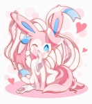 ambiguous_gender big_ears blue_eyes blush clothing daww feral fur heart_symbol looking_at_viewer one_eye_closed panties panties_in_mouth paws pink_body pink_fur pink_paws ribbons simple_background sitting smile solo underwear white_body white_fur wink nell_two nintendo pokemon canid canine eeveelution generation_6_pokemon mammal pokemon_(species) sylveon pink_theme