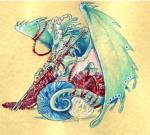 2018 ambiguous_gender blue_body blue_eyes blue_scales dragon feral frill_(anatomy) gem green_body green_scales heather_bruton horn jewelry knitting knitting_needle looking_at_viewer membrane_(anatomy) membranous_frill membranous_wings mythological_creature mythological_scalie mythology scales scalie signature simple_background sitting smile solo spines tail tan_background traditional_media_(artwork) wings yarn