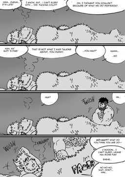 bed clothed clothing dialogue furniture hairy male piercing profanity text topless husky92 european_mythology greek_mythology mythology bovid bovine human humanoid mammal minotaur orc comic english_text hi_res monochrome multiple_scenes