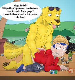 alcohol alcohol_bottle anal anal_orgasm anal_penetration anthro aviator_glasses beer beer_bottle beverage big_penis black_eyes blue_hair bodily_fluids bottle bottomwear bottomwear_down clothed clothed/nude clothing container cum cum_on_ground cum_while_penetrated dialogue duo ejaculation eyewear eyewear_on_head fur genital_fluids genitals glasses glasses_on_head hair hands-free hollywood hoodie human_on_anthro humanoid_genitalia humanoid_penis interspecies knot knotted_penis male male/male male_penetrated nude orgasm pain pants pants_down partially_clothed penetration penis profanity red_clothing red_hoodie red_topwear size_difference sound_effects tail tail_motion tailwag text tongue tongue_out too_big topwear x-ray_view yellow_body yellow_fur conditional_dnp osterars bojack_horseman netflix mr._peanutbutter todd_chavez bird_dog canid canine canis domestic_dog golden_retriever human hunting_dog mammal retriever 2026 absurd_res english_text hi_res signature watermark