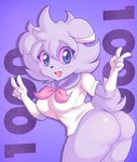 anthro blue_eyes clothed clothing female fur gesture grey_body grey_fur hand_gesture school_uniform solo text uniform v_sign nyasplush nintendo pokemon fan_character espurr generation_6_pokemon mammal pokemon_(species) 2022 digital_media_(artwork) hi_res