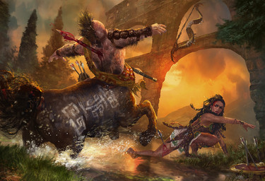 action_pose arrow_(weapon) blood bodily_fluids bow_(weapon) creek duo female fight fighting_pose impalement male melee_weapon mohawk on_hind_legs polearm pose quiver_(object) ranged_weapon spear sunset throwing warpaint weapon ryan_barger european_mythology greek_mythology hasbro magic:_the_gathering mythology wizards_of_the_coast centaur equid equid_taur human humanoid_taur mammal mammal_taur taur official_art