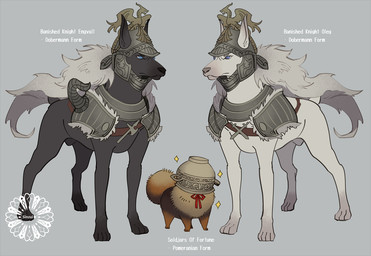 alternate_species armor black_body black_fur blue_eyes brown_body brown_fur fur grey_background group headgear helmet male simple_background sparkles spirits_ashes trio white_body white_fur sinzui elden_ring fromsoftware canid canine canis domestic_dog mammal