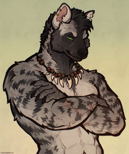 accessories_only anthro beads black_body black_fur claws ear_piercing ear_scar facial_scar fangs fur gradient_background green_eyes grey_body grey_fur hand_scar jewelry male muscular muscular_male necklace necklace_only nude nude_anthro nude_male piercing scar simple_background solo stripes teeth white_body white_fur tashiroth dungeons_and_dragons hasbro wizards_of_the_coast gnoll hyena mammal striped_hyena half-length_portrait hi_res portrait