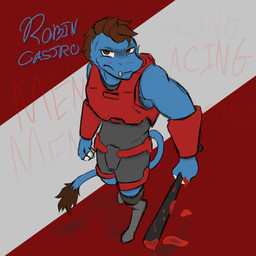 armor baseball_bat bat_(object) blood blood_on_face blood_on_ground blood_on_hand blood_on_object blood_on_weapon blue_body blue_fur bodily_fluids bodysuit brown_eyes brown_hair brown_tail_tip clothing dipstick_tail fur grey_bodysuit grey_clothing grey_skinsuit hair male markings pattern_background prosthetic prosthetic_leg prosthetic_limb red_armor simple_background skinsuit solo striped_background tail tail_markings tight_clothing weapon templar_ponyboy robin_(chupadore) chupadore 1:1 hi_res