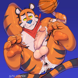 anthro anus ball balls basketball_(ball) biceps bodily_fluids butt claws clothing countershading cum cum_in_ass cum_inside erection eyebrows feet flexing fur gaping gaping_anus genital_fluids genitals glans humanoid_genitalia kerchief looking_at_viewer lying male markings mascot muscular muscular_anthro muscular_male neckwear nipples nude on_back orange_body pawpads paws pecs penis presenting presenting_anus presenting_hindquarters simple_background smile solo striped_body stripes tail toes vein veiny_penis yellow_sclera spicyramen frosted_flakes kellogg's tony_the_tiger felid mammal pantherine tiger 1:1 absurd_res digital_media_(artwork) hi_res