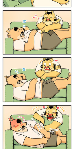 anthro bottomwear clothing duo eyes_closed furniture kemono lying male male/male musical_note musical_symbol shirt shorts sleeping slightly_chubby sofa symbol topwear panda_po bear felid mammal pantherine tiger 2025 comic hi_res