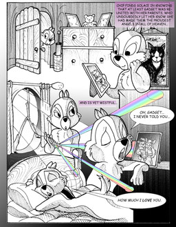 4_fingers anthro bed buckteeth chest_of_drawers cotton_swab door female fingers furniture light male mirror photo pillow plushie prism quilt rainbow scut sorrow teddy_bear teeth text chris_fischer chip_'n_dale_rescue_rangers disney chip_(disney) gadget_hackwrench geegaw_hackwrench chipmunk domestic_cat felid feline felis ground_squirrel mammal mouse murid murine rodent sciurid comic english_text hi_res