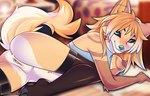 anthro anus bedroom_eyes blue_eyes blush butt clothed clothing countershade_butt countershading female fur genitals legwear looking_at_viewer lying narrowed_eyes on_front partially_clothed piercing pose presenting presenting_pussy pussy seductive smile solo tail tan_body tan_fur thigh_highs topwear white_body white_fur butterfliess luna_(rundown) canid canine fox mammal 14:9 2023 hi_res