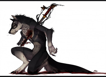 anthro arm_tuft beady_eyes black_body black_claws black_fur black_tail blood blood_on_ground blood_on_sword blood_on_weapon bodily_fluids claws crotch_tuft elbow_tuft featureless_crotch fur gore grey_body grey_fur group imminent_death kneeling male melee_weapon mouth_closed neck_tuft nude simple_background solo_focus sword tail trio tuft weapon whiskers white_background wounded riorix arthropod canid insect lepidopteran mammal moth 2017 dated signature