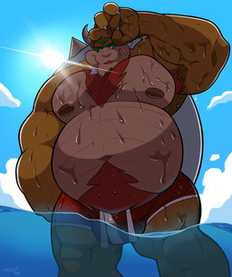 anthro armpit_hair belly big_belly big_muscles body_hair bulge chest_hair claws clothing cloud collar day eyebrows hair happy_trail horn looking_at_viewer low-angle_view male musclegut muscular muscular_anthro muscular_male narrowed_eyes navel nipples outside overweight overweight_anthro overweight_male partially_submerged pecs pubes shell smile solo spiked_collar spiked_shell spikes spikes_(anatomy) standing sun swimming_trunks swimwear water wet wet_body wet_clothing splashburr bowser_day mario_bros nintendo bowser koopa scalie 2021 absurd_res hi_res
