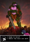 abs ambiguous_gender armor big_breasts body_pile breasts cleavage clothed clothing corpse covered_eyes death duo female front_view gun hair hell holding_gun holding_object holding_ranged_weapon holding_shotgun holding_weapon pink_body purple_hair ranged_weapon shotgun snout standing text text_box weapon wrist_blade zigzag_teeth abeybubble deltarune doom_(series) id_software kris_where_are_we microsoft undertale_(series) kris_(deltarune) susie_(deltarune) human imp_(doom) mammal monster scalie crossover english_text hi_res meme