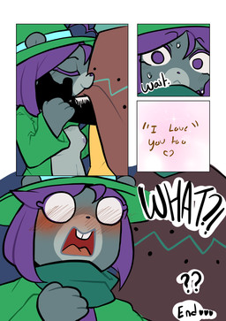 after_sex anthro bare_breasts blush bodily_fluids breasts buckteeth clothing declaration_of_love dialogue duo female hair kerchief male male/female neckerchief neckwear nervous nipples poncho purple_eyes purple_hair shadowed_eyes sheriff small_breasts surprised sweat teeth text thief noriap undertale_(series) undertale_yellow mooch_(undertale_yellow) starlo_(undertale_yellow) mammal rodent sciurid tree_squirrel unknown_species absurd_res comic english_text hi_res