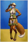 anthro armor blue_eyes breasts clothed clothing female footwear fur gun hair handgun headgear headwear helmet holding_object holding_weapon knife looking_at_viewer nipples nipples_covered_by_strap pose ranged_weapon simple_background smile socks solo standing thick_thighs topless weapon wide_hips world_war_2 tall_lizzard_(artist) canid canine fox mammal absurd_res digital_media_(artwork) hi_res pinup