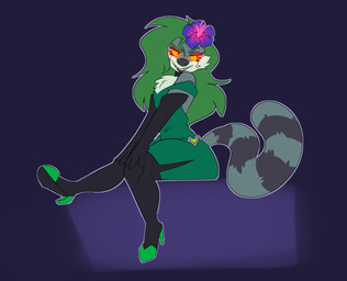 accessory ambiguous_gender anthro black_clothing black_legwear black_lips clothing dress ear_piercing ear_ring femboy flower flower_in_hair footwear fur glowing glowing_eyes green_clothing green_dress green_hair grey_body grey_fur grin hair hair_accessory high_heels leg_stretch legwear lips long_hair male markings piercing plant purple_flower ring_piercing shoes sitting smile solo striped_markings stripes tail yellow_eyes metal_(artist) dimitri_nazthoron eldritch_being herpestid mammal mongoose