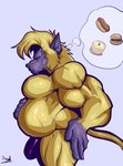 anthro barazoku belly big_belly big_muscles bulge clothing food fur latex latex_clothing latex_underwear male musclebear muscular muscular_anthro muscular_male purple_body red_eyes solo tail underwear yellow_body yellow_fur pinumontbalou dragon_ball oozaru_baby haplorhine mammal monkey oozaru primate absurd_res hi_res