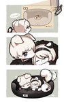 alternate_species ambiguous_gender black_body black_ears black_fur duo eyebrows feral feralized fur hair multicolored_body multicolored_fur multicolored_tail pawpads pink_pawpads sleeping tail tail_motion tailwag tan_hair white_body white_fur missaka nier_automata platinumgames yorha_2b yorha_9s canid canine canis domestic_dog felid mammal pantherine snow_leopard 5:8 comic hi_res