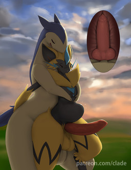 abdominal_bulge anal anal_knotting anal_penetration animal_genitalia anthro balls big_balls big_penis cloud detailed_background duo erection eyes_closed genitals internal knot knotting male male/male male_penetrated male_penetrating male_penetrating_male outside penetration penile penile_penetration penis penis_in_ass pink_penis sex sky sunset conditional_dnp klaide nintendo pokemon generation_2_pokemon generation_7_pokemon legendary_pokemon pokemon_(species) typhlosion zeraora 2019 hi_res