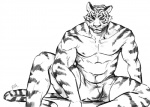 abs anthro athletic biceps biped boxers_(clothing) bulge clothed clothing fur looking_at_viewer male markings muscular muscular_anthro nipples pecs pose sitting solo spread_legs spreading stripes topless underwear nick300 felid mammal pantherine tiger monochrome sketch