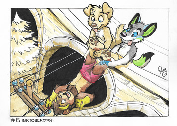 anthro blue_eyes bottomwear bridge brown_body brown_fur brown_pawpads chest_tuft clothing fur green_eyes grey_body grey_fur group logo male male_anthro nude open_mouth open_smile outside pawpads pink_tongue red_bottomwear red_clothing red_shorts shorts smile standing tan_body tan_fur tongue tongue_out trio tuft upside_down white_body white_fur young young_anthro young_male pandapaco canid canine canis domestic_dog felid lion mammal pantherine 2018 artist_logo dated signature