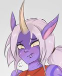 clothed clothing gynomorph_(lore) horn horned_humanoid humanoid humanoid_pointy_ears jouljehart league_of_legends not_furry purple_body riot_games simple_background solo soraka tencent yellow_eyes