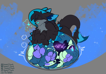 >_< after_vore ambiguous_gender anthro armor belly big_belly black_body black_feathers black_fur blue_body blue_feathers blue_insides blush blush_lines breath clothing digestion duo eyes_closed feathers fluffy fluffy_tail fur gold_(metal) gold_armor gooey_digestion hat headgear headwear inner_ear_fluff low-angle_view lying machine magic magic_user male multi_ear on_front oral_vore pawpads purple_pawpads resting_on_belly size_difference smaller_pred sparkles tail tuft vore wings wizard_hat howzit_toyah avali protogen absurd_res hi_res
